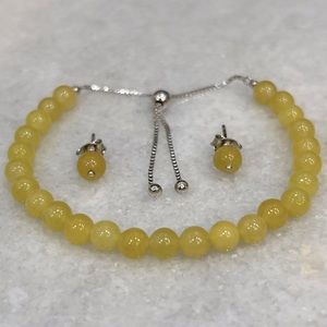 Burmese Yellow Jade Sterling Silver BOLO Bracelet & Stud Earrings Set